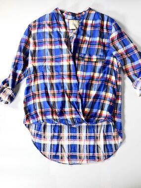 NWT Althea Blue White Orange Sz M Plaid Hi-Lo Top Long Sleeve Roll-Tab Rayon